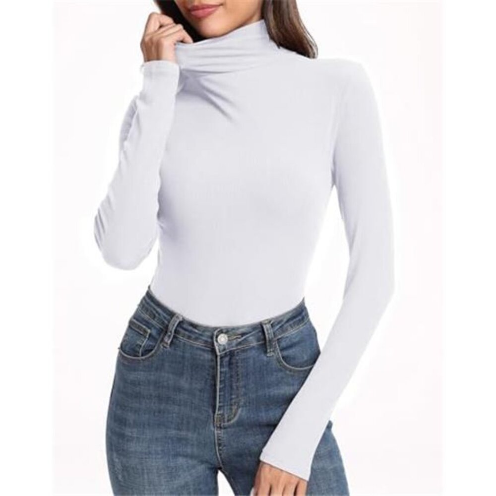 Women's Ribbed Turtleneck Fitted Long Sleeve Shirts Basic Thermal Layering Tops - Picture 3 of 7